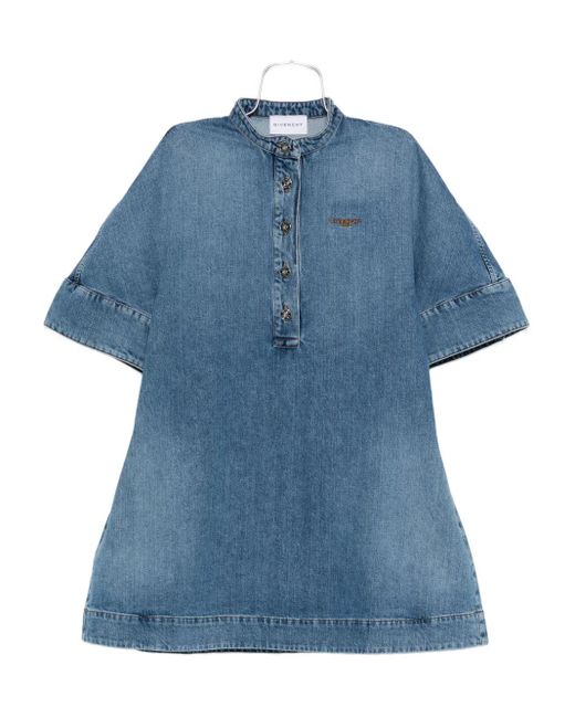 Givenchy Blue Embroidered Button-Placket Mini Dress