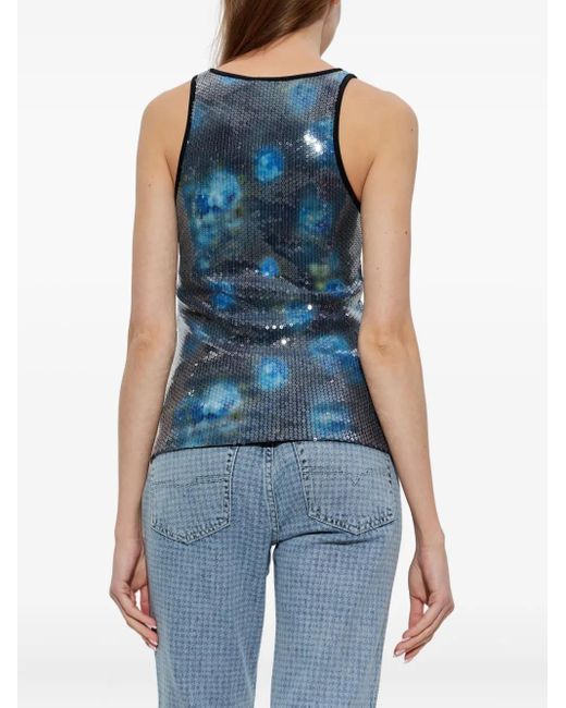 DIESEL Blue Floral-Print Jersey Top With Sequins