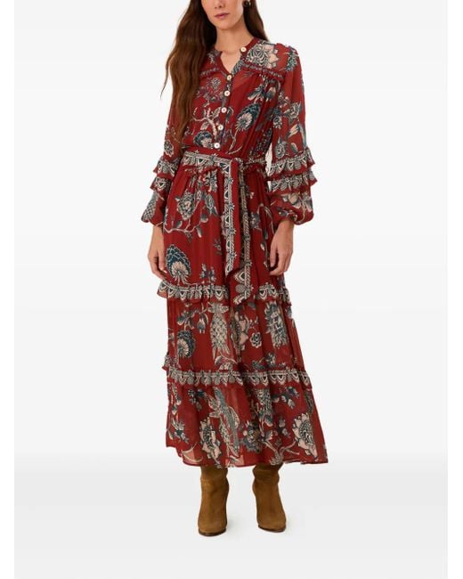 Farm Rio Midi-Jurk Met Bloemenprint En Ruches in het Red
