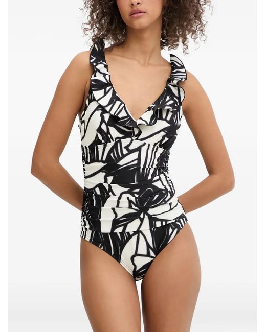DKNY Black Abstract-Print Ruffled Swimsuit