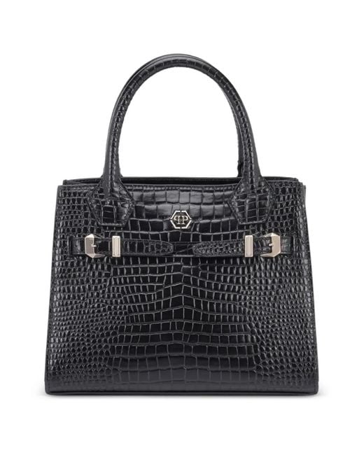 Philipp Plein Black Small Crocodile-Effect Logo Tote Bag