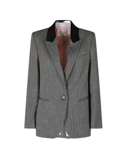 Forte_forte Gray Chevron-Pattern Velvet-Collar Blazer