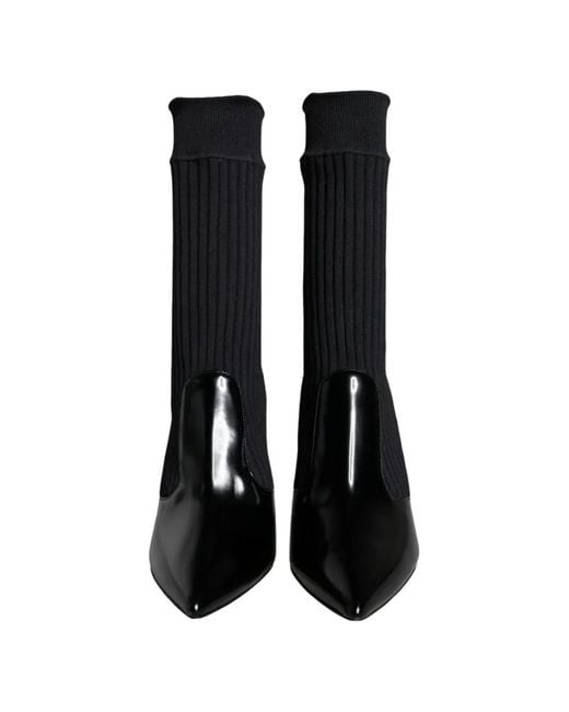 Dolce & Gabbana Black Patent-Leather Ribbed-Knit Ankle Boots