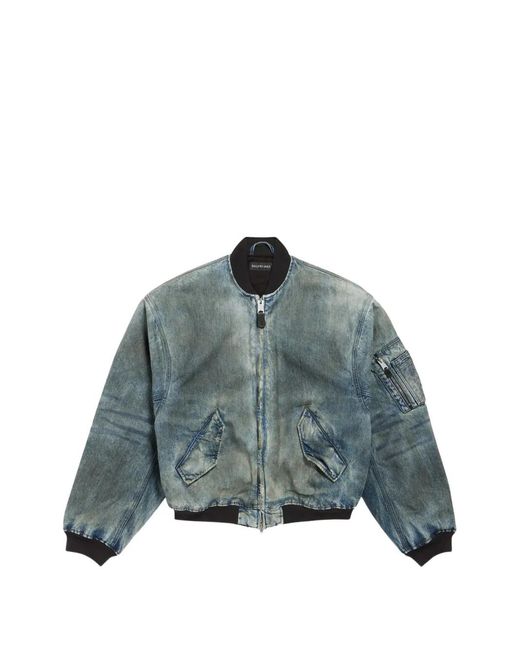Balenciaga Blue Standard Logo-Print Faded-Wash Cotton Bomber Jacket