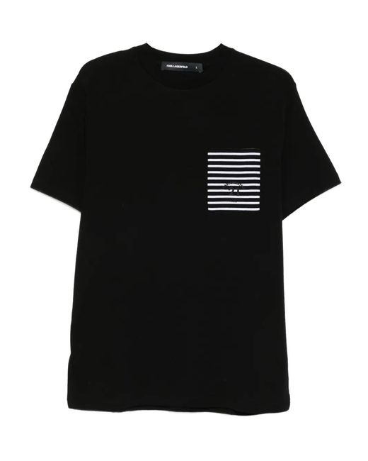 Karl Lagerfeld Black Striped-Pocket T-Shirt for men