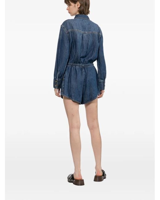 Self-Portrait Blue Drawstring-Waist Button-Front Playsuit
