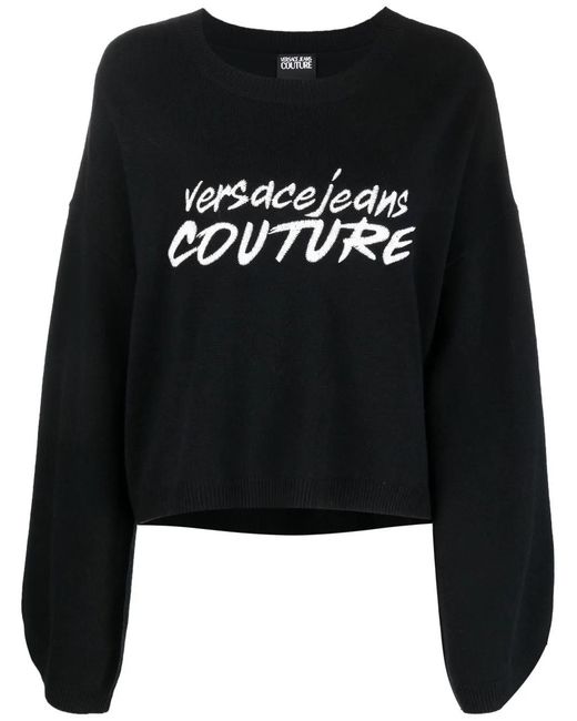 Versace Jeans Couture Black Embroidered-Logo Wide-Sleeve Jumper