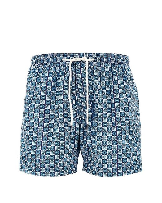 Peninsula Blue Geometric-Print Drawstring Swim Shorts for men