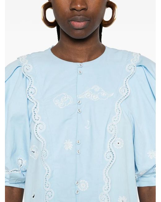 ALÉMAIS Blue Maizy Embroidered Puff-Sleeves Mini Dress