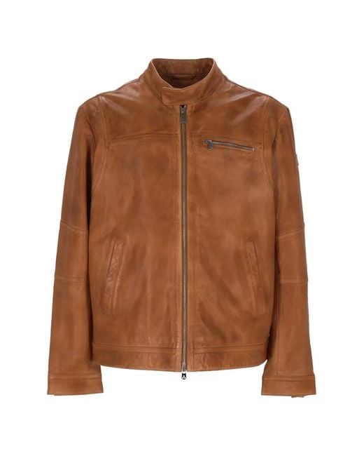 Peuterey Brown Zipped Leather Jacket for men