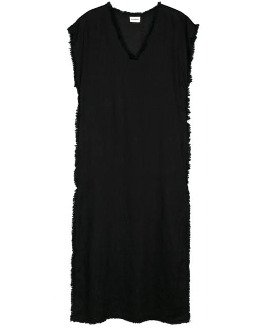 P.A.R.O.S.H. Black Frayed Linen Midi Dress