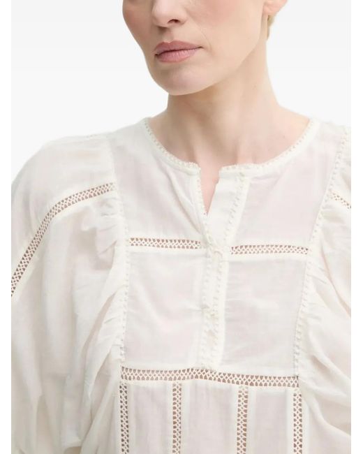 Munthe White Lace-Insert Puff-Sleeve Top
