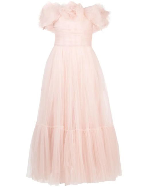 Ana Radu Pink Floral-Appliqué Tulle Midi Dress
