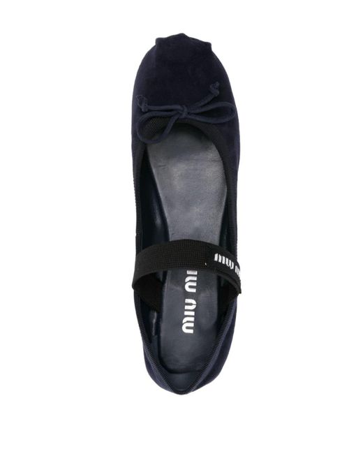 Miu Miu Blue Bow-Detail Suede Ballerina Shoes