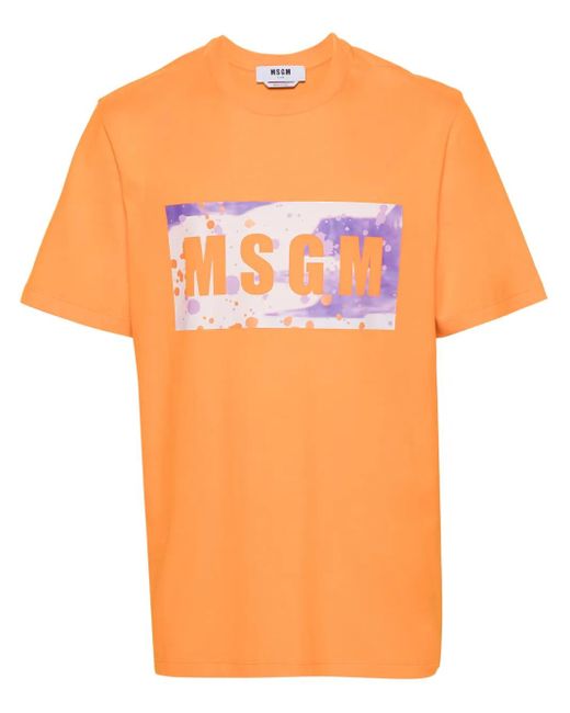 MSGM Orange T-Shirt En Coton À Logo Imprimé for men