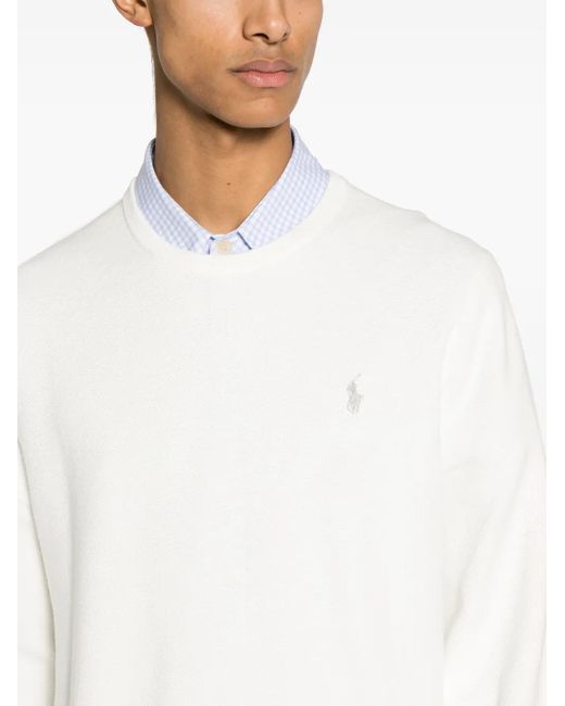 Ralph Lauren White Honeycomb Knit Embroidered Logo Crew Neck Sweater For for men