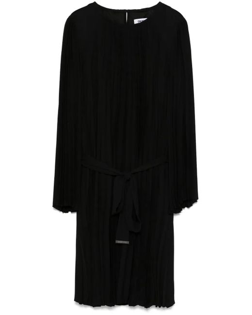 DKNY Black Pleated A-Line Midi Dress With Long Sleeves
