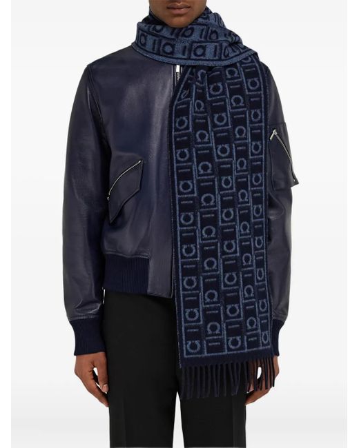 Ferragamo Blue Écharpe Frangée À Motif Monogrammé for men