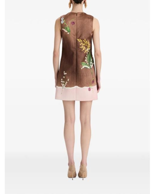 Oscar de la Renta Brown Botanical-Print Shift Mini Dress