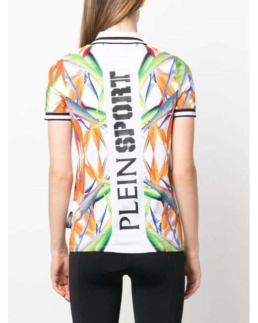 Philipp Plein Orange Floral-Print Cotton Polo Top