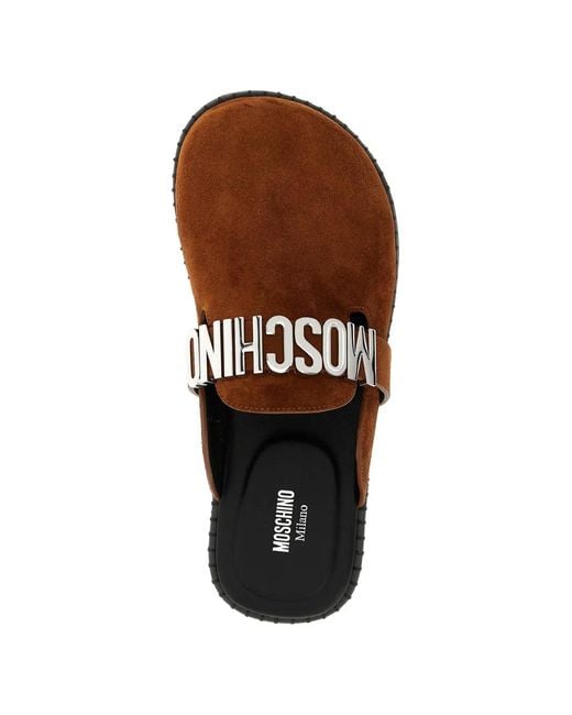 Moschino Brown Lettering Logo-Strap Mules