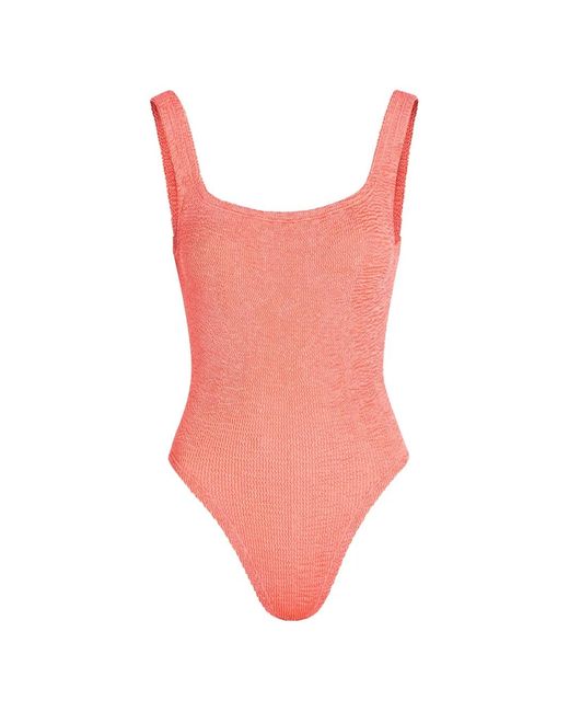 Hunza G Pink Square Neck Crinkled Swimsuit