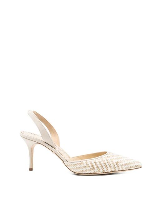 Manolo Blahnik White Carolyne Woven-Raffia Slingback Pumps