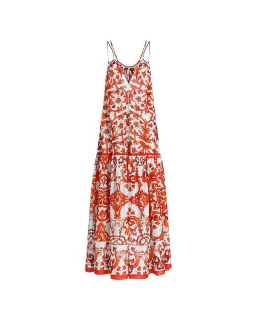 Dolce & Gabbana White Majolica-Print Habotai Long Dress