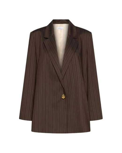 Marella Brown Pinstripe-Pattern Single-Breasted Blazer