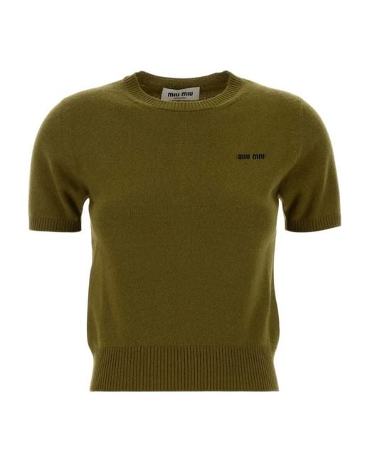 Miu Miu Green Logo-Detail Cashmere Top