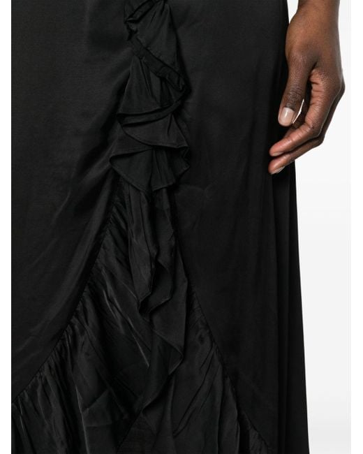 Maje Black Ruffled Satin Midi Skirt