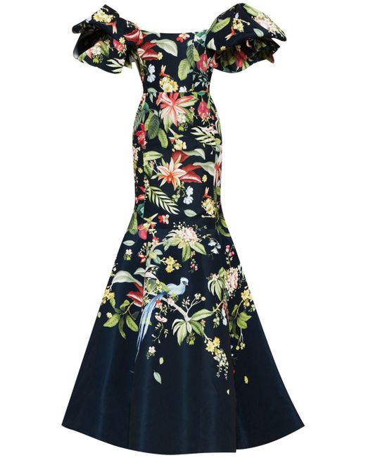 Oscar de la Renta Flora & Fauna Maxi-jurk Met Peplum Afwerking in het Blue