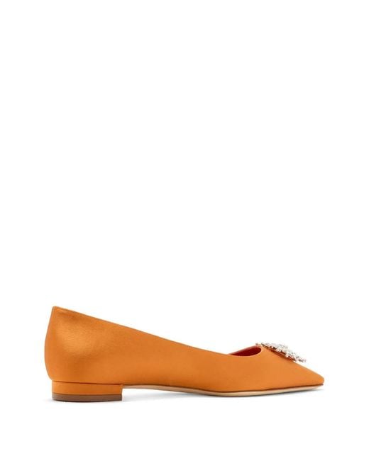 Manolo Blahnik Orange Crystal-Embellished Pointed-Toe Ballet Flats