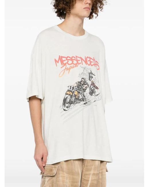 KAMIYA White Motorbike Messengers-Print Distressed T-Shirt for men