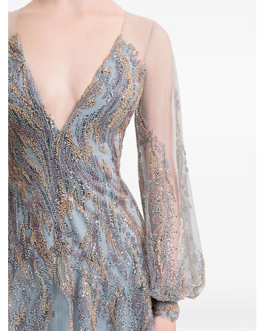 Gemy Maalouf Blue Beaded Maxi Dress