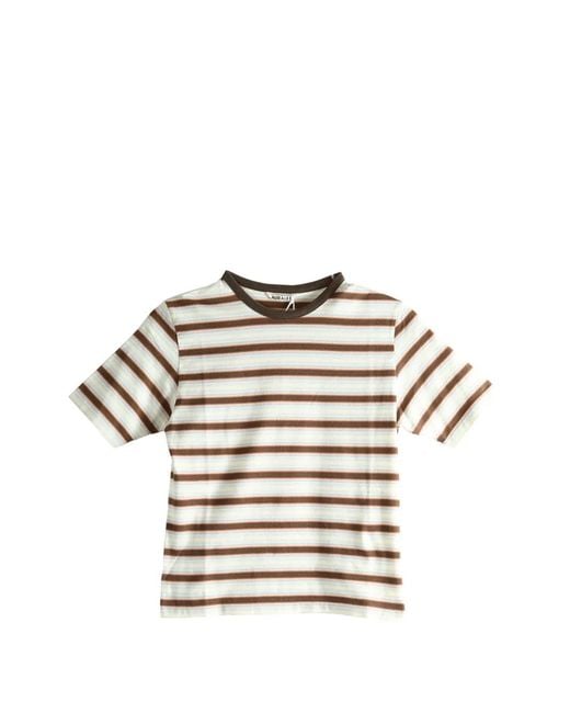 Auralee Brown Striped-Pattern T-Shirt