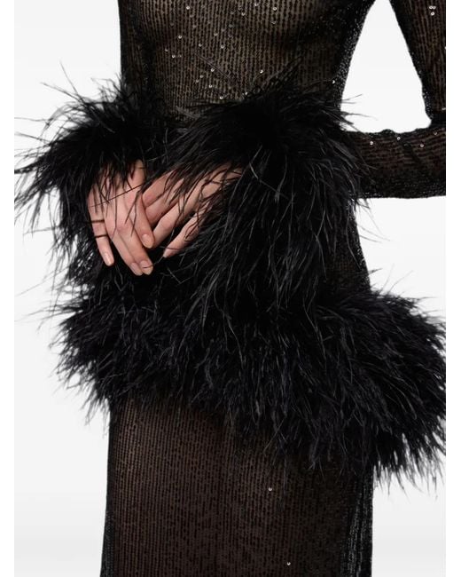 Atu Body Couture Black Sequin-Embellished Feather-Trim Maxi Dress