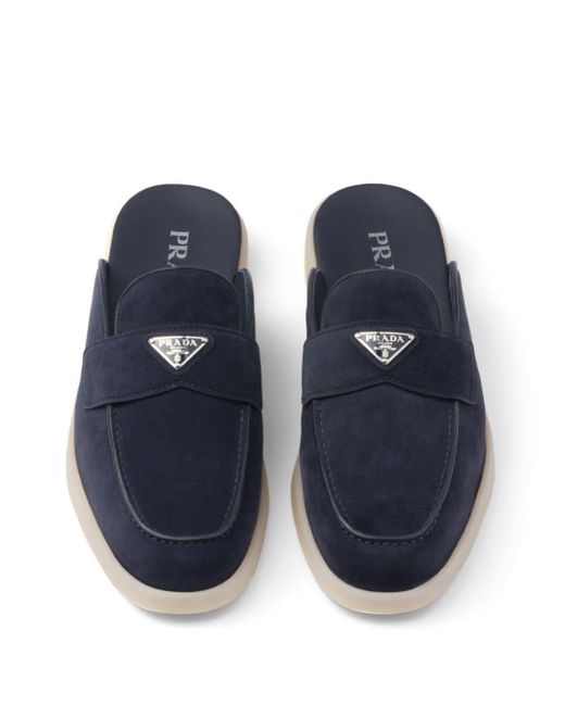 Prada Blue Triangle-logo Backless Suede Loafers for men
