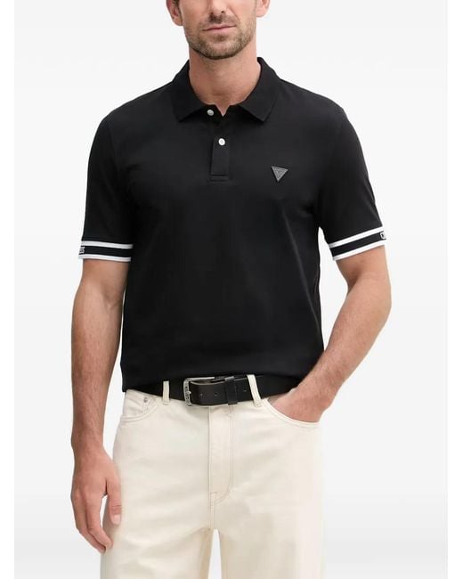 Guess Black Logo-Patch Cotton Polo Shirt for men