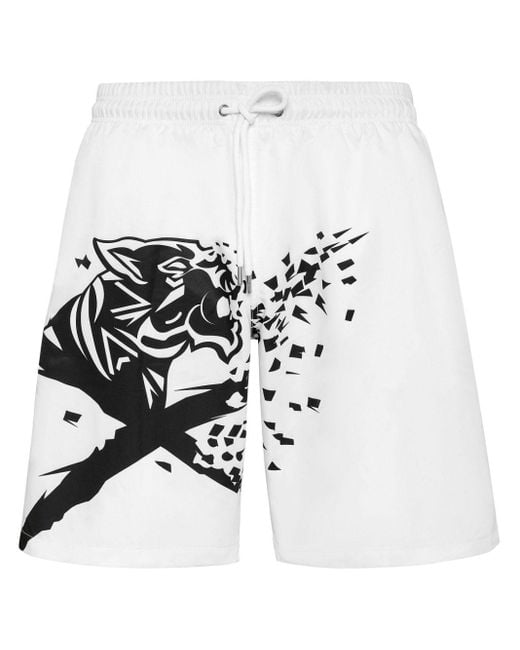 Philipp Plein White Tiger Print Swim Shorts for men