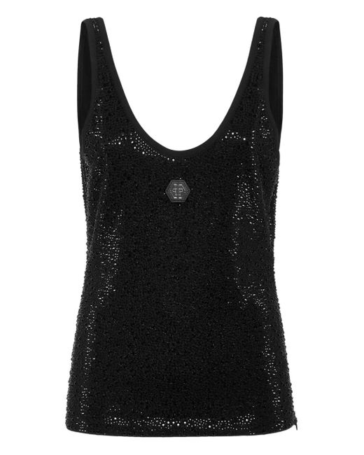 Philipp Plein Black Tank Top Mix Strass