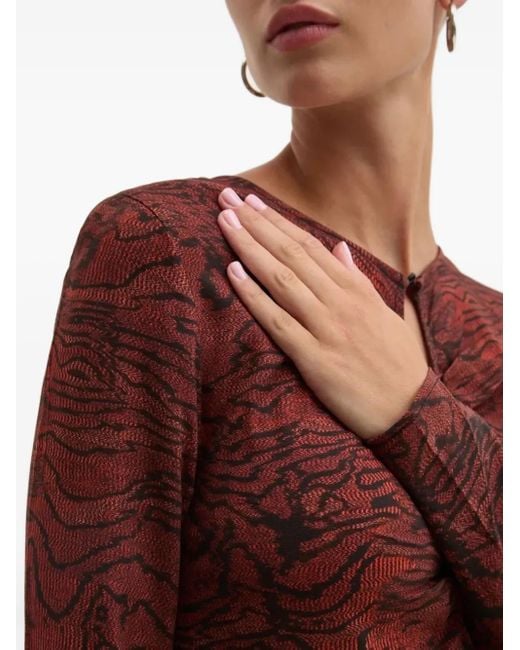 Desigual Red Keyhole-Neckline Wave-Print Midi Day Dress