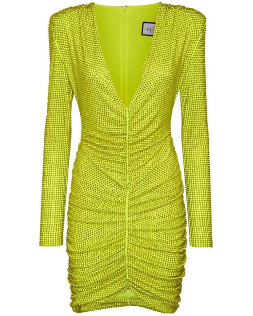 Vestido corto fruncido con apliques de strass Philipp Plein de color Green