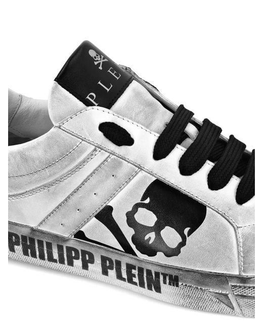 Philipp Plein White Skull & Bones Metallic-Effect Sneakers