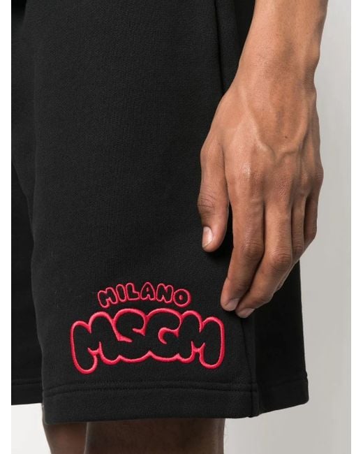 MSGM Black Embroidered-Logo Cotton Track Shorts for men