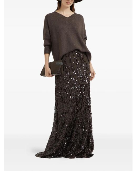 Brunello Cucinelli Brown Sequin-Embellished V-Neck Sweater