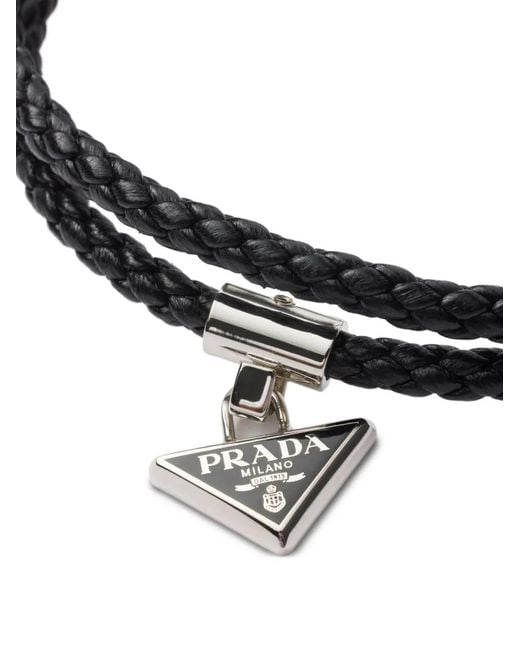 Prada White Triangle-Logo Leather Bracelet for men