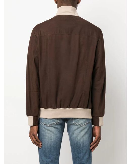Brunello Cucinelli Brown Contrasting-Detail Suede Bomber Jacket for men