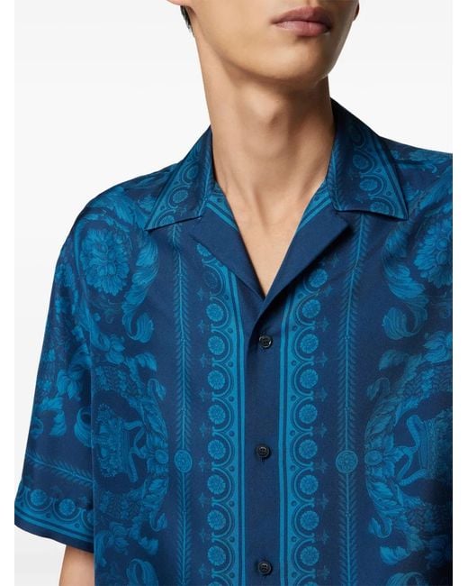 Versace Overhemden ,Blauw ,Printed Silk Twill Slim Shirt in het Blue voor heren