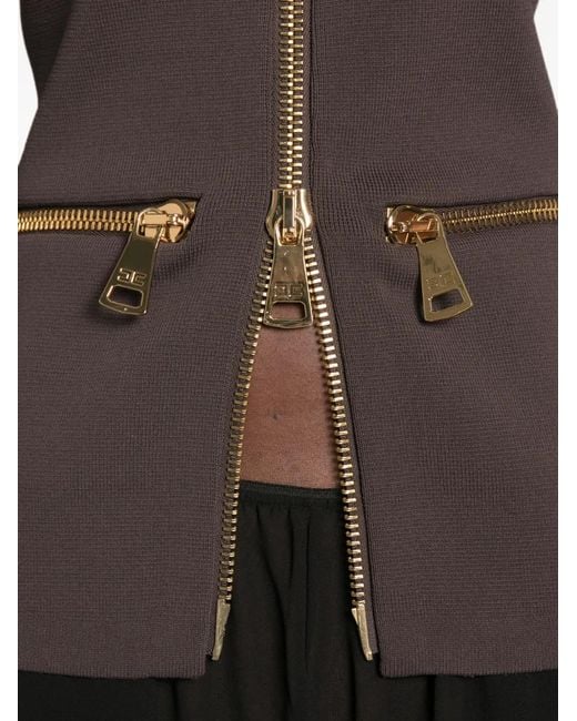 Elisabetta Franchi Brown Zip-Detail Shoulder-Pad Cardigan